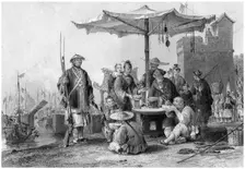 Rice sellers at the military station of Tong-Chang-foo China, 19th century.Artist: R Staines