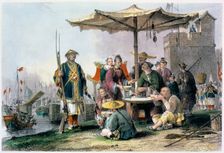 Rice Sellers at the Military Station of Tong-Chang-Too China, 1843. Creator: Thomas Allom