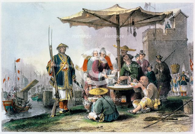 'Rice Sellers at the Military Station of Tong-Chang-Too', China, 1843. Creator: Thomas Allom.