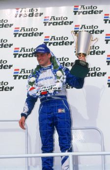 Rickard Rydell celebrates victory.British touring cars.Thruxton