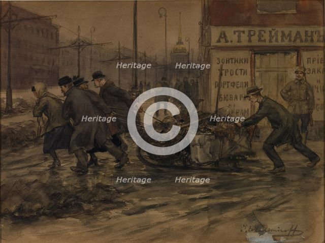 Rich merchants and Russian noblemen set to pulling out rubbish from yards, 1920.
