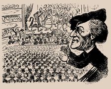 Richard Wagner at the performance of Die Meistersinger. Caricature from "Kikeriki", c1868. Creator: Anonymous