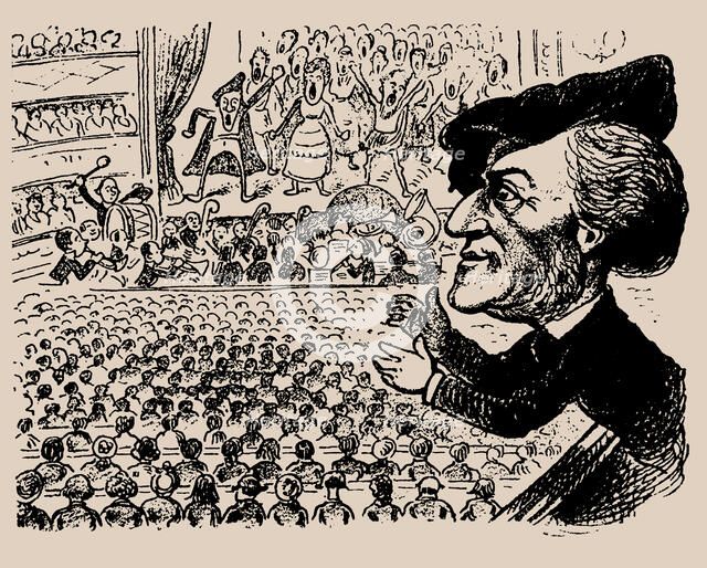 Richard Wagner at the performance of Die Meistersinger. Caricature from "Kikeriki", c1868. Creator: Anonymous.