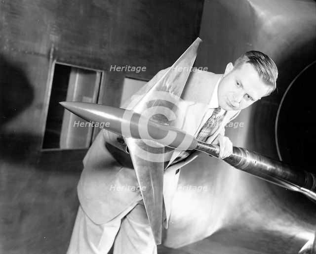 Richard Whitcomb with Area Rule Wind Tunnel Model, USA, April 20, 1955.  Creator: Unknown.