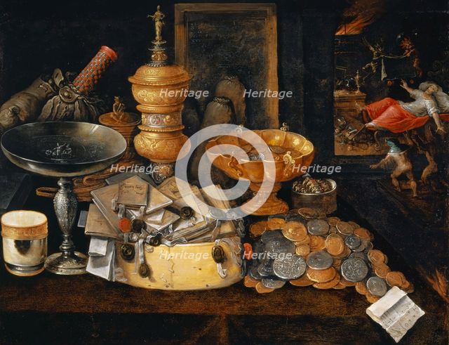Riches and the Death of the Miser, Still Life, ca. 1600. Creator: Francken, Hieronymus II  .