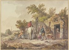 Rider with dog at a watering place, on the right at the well in front of a house a man..., 1773. Creator: John Webber
