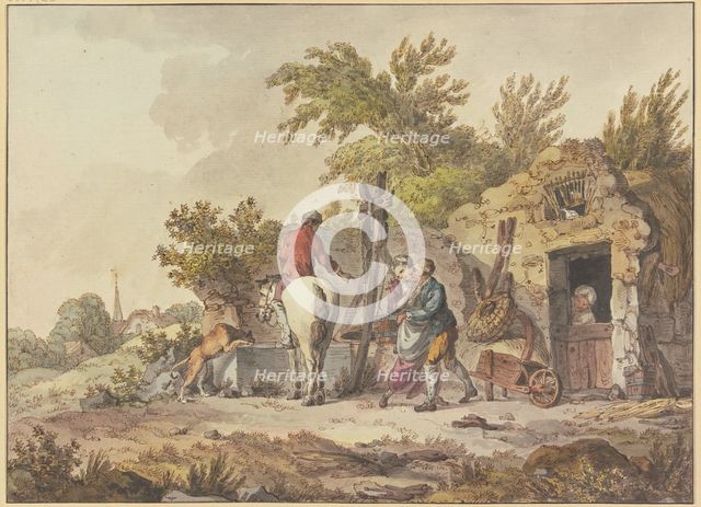 Rider with dog at a watering place, on the right at the well in front of a house a man..., 1773. Creator: John Webber.