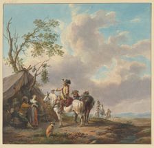 Riders halt in front of a sutler's tent, one holds a jug, a soldier caresses the sutler's wife. Creator: Unknown
