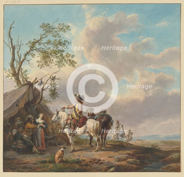 Riders halt in front of a sutler's tent, one holds a jug, a soldier caresses the sutler's wife. Creator: Unknown.