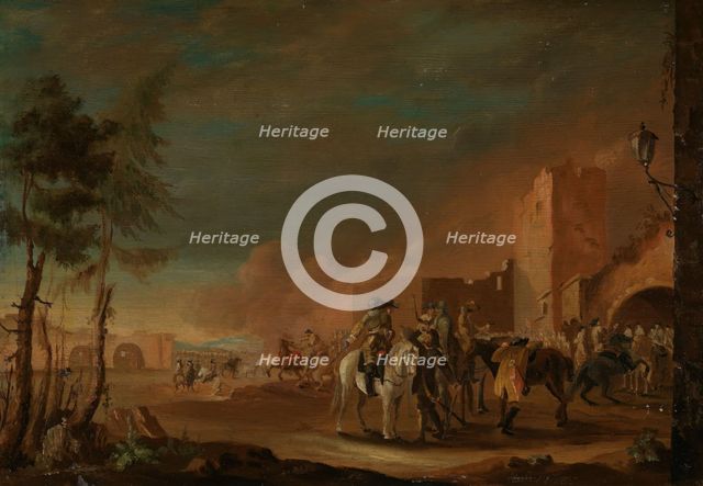 Riders in burning city, 1768. Creator: VS.