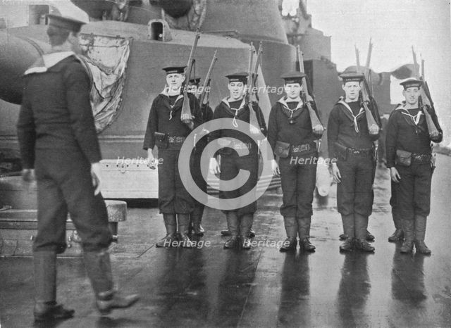 'Rifle drill on board a British battleship', 1915. Artist: Unknown.