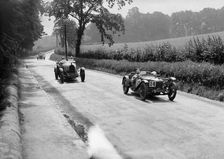 Riley 9 Brooklands of E Maclure and Bugatti Type 43 of JF Field, RAC TT, Ards Circuit, Belfast, 1929 Artist: Bill Brunell