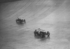Riley 9 Brooklands and Salmson on the Mountain Circuit at a BARC meeting, Brooklands, Surrey, 1931 Artist: Bill Brunell