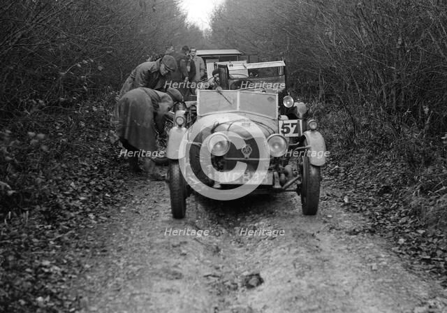Riley Brooklands 2-seater sports of JE Lancaster taking part in the Inter-Varsity Trial, 1930. Artist: Bill Brunell.