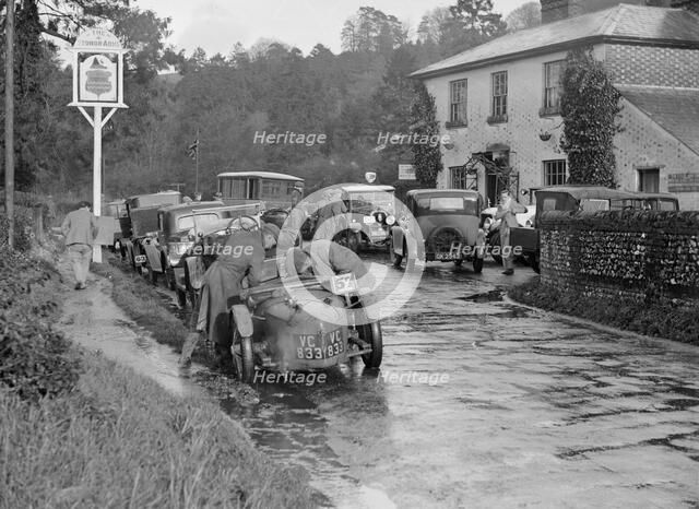 Riley Brooklands outside the Stonor Arms Hotel, Henley-on-Thames, Inter-Varsity Trial, 1930. Artist: Bill Brunell.