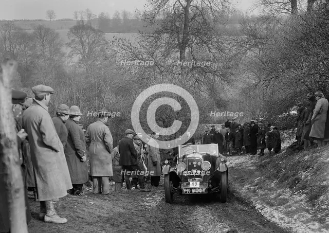 Riley open 4-seater tourer of HC Hunter, North West London Motor Club London-Gloucester Trial, 1932. Artist: Bill Brunell.