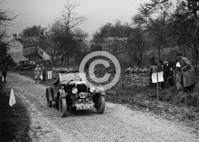 Riley open 4-seater tourer of Hugh Hunter competing in the NWLMC London-Gloucester Trial, 1931. Artist: Bill Brunell.