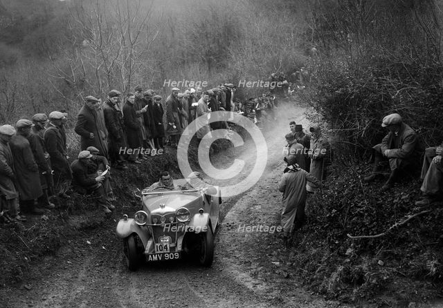 Riley Lynx open 4-seater of VNG Seeney competing in the MCC Lands End Trial, 1935. Artist: Bill Brunell.