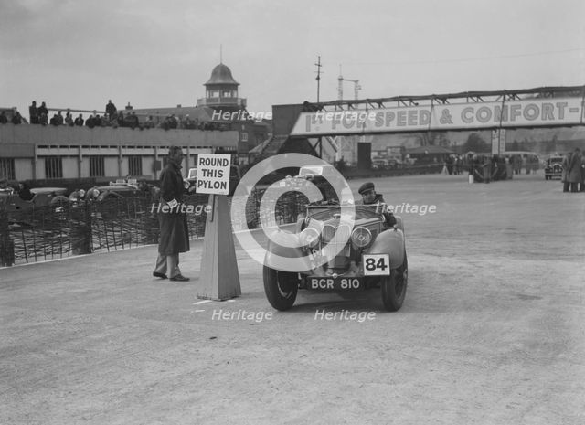Riley Sprite of Kay Hague competing in the JCC Rally, Brooklands, Surrey, 1939. Artist: Bill Brunell.