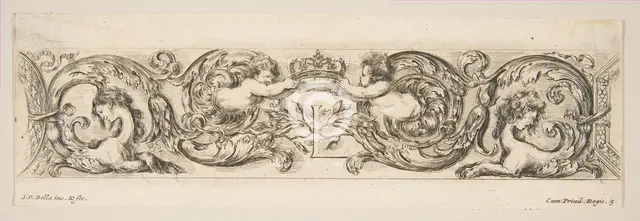 Rinceaux with Two Children Holding a Royal Crown Over the Letter "L," Plate 3 from: 'D..., ca. 1648. Creator: Stefano della Bella.