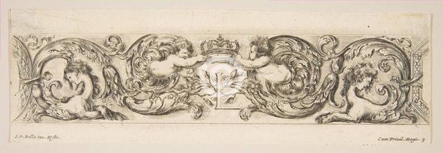 Rinceaux with Two Children Holding a Royal Crown Over the Letter "L," Plate 3 from: 'D..., ca. 1648. Creator: Stefano della Bella.