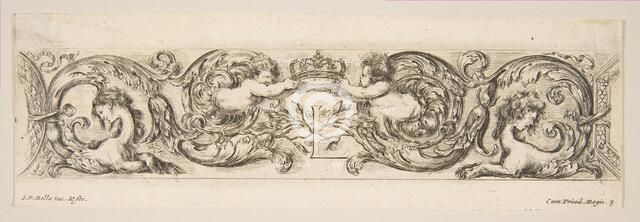 Rinceaux with Two Children Holding a Royal Crown Over the Letter "L," Plate 3 from: 'D..., ca. 1648. Creator: Stefano della Bella.