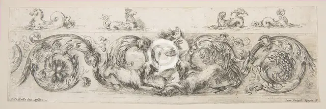 Rinceaux with Child Frightened by Dogs, Plate 8 from: 'Decorative friezes and foliage'..., ca. 1648. Creator: Stefano della Bella.