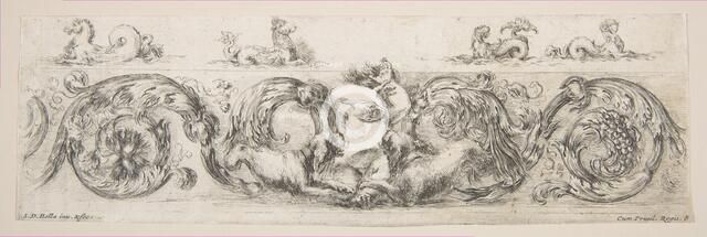 Rinceaux with Child Frightened by Dogs, Plate 8 from: 'Decorative friezes and foliage'..., ca. 1648. Creator: Stefano della Bella.