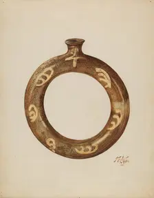 Ring-shaped Pottery Bottle, c. 1940. Creators: Arthur Stewart, Claude Marshall