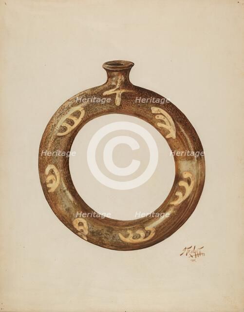 Ring-shaped Pottery Bottle, c. 1940. Creators: Arthur Stewart, Claude Marshall.