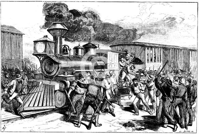 Riot by railway workers at Martinsbury on the Baltimore and Ohio Railroad, August, 1877. Artist: Unknown