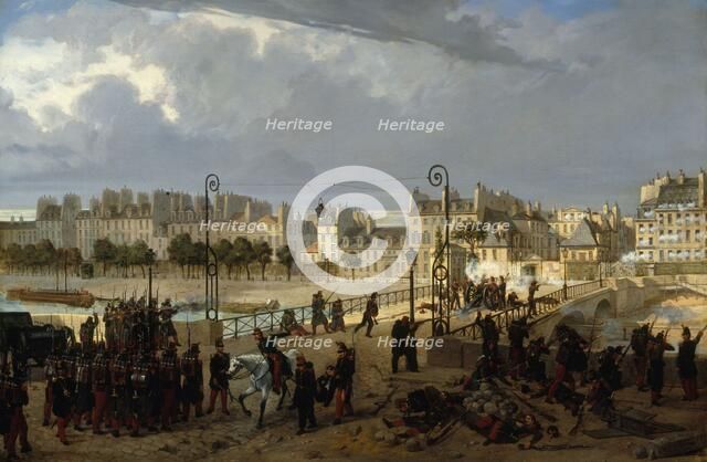 Riot scene at the Pont de l'Archeveche, 1849. Creator: Unknown.