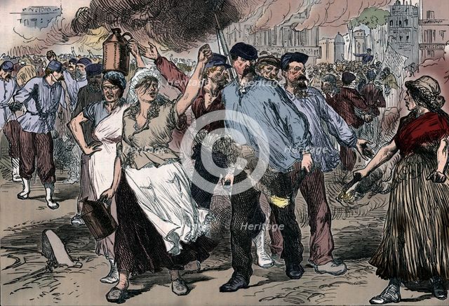 Rioters and petroleuses firing public buildings in Paris during the Paris Commune, 1871 (1906). Artist: Unknown.