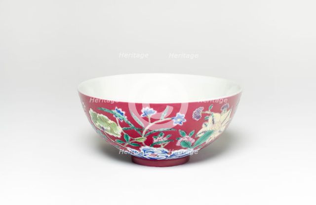 Ruby Red-Ground Famille-Rose 'Floral' Bowl, Qing dynasty (1644-1911), Jiaqing period (1796-1821). Creator: Unknown.