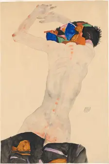 Rückenakt mit buntem Tuch (Nude from the back with a colored cloth), 1911. Creator: Schiele, Egon (1890-1918)