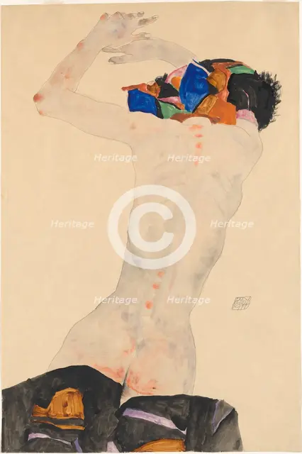 Rückenakt mit buntem Tuch (Nude from the back with a colored cloth), 1911. Creator: Schiele, Egon (1890-1918).
