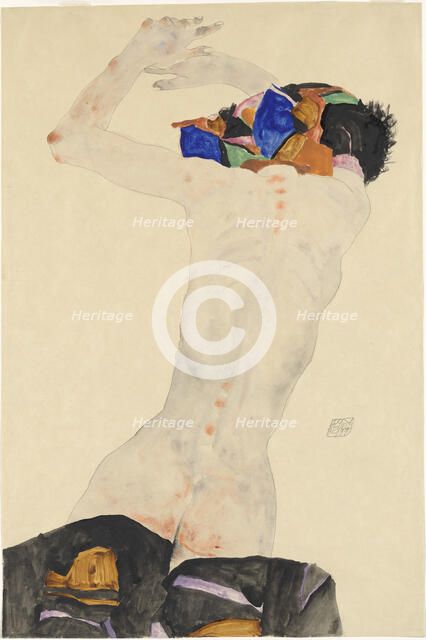 Rückenakt mit buntem Tuch (Nude from the back with a colored cloth), 1911. Creator: Schiele, Egon (1890-1918).