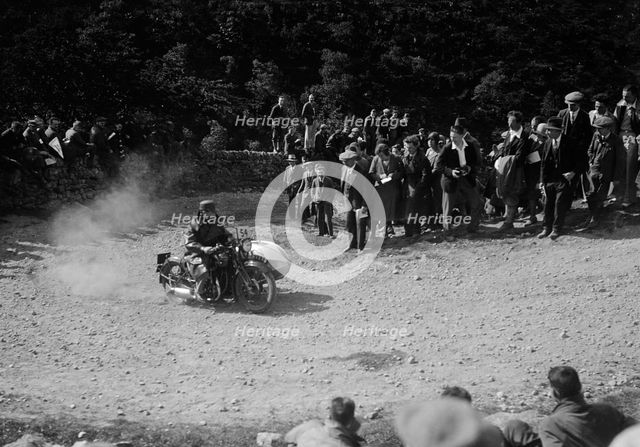 Rudge-Whitworth and sidecar of FV Garratt competing in the MCC Edinburgh Trial, 1930. Artist: Bill Brunell.