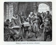 Rudolf II grants the Letter of Majesty, 1882. Artist: Anonymous