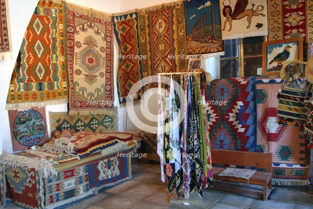 Rugs and scarves at a monastery, North Cyprus.