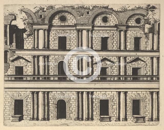 Ruin of a Palace Facade [Palatium M. Agrippa] from the series 'Ruinarum variarum fabricaru..., 1554. Creator: Lambert Suavius.