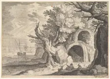 Ruined aqueduct with water spilling from it to a stream below, ships at sea beyond, a ..., ca. 1600. Creator: Aegidius Sadeler II