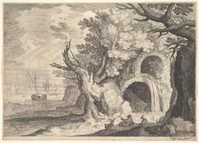 Ruined aqueduct with water spilling from it to a stream below, ships at sea beyond, a ..., ca. 1600. Creator: Aegidius Sadeler II