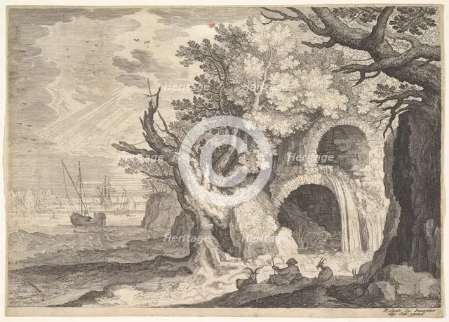 Ruined aqueduct with water spilling from it to a stream below, ships at sea beyond, a ..., ca. 1600. Creator: Aegidius Sadeler II.