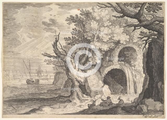 Ruined aqueduct with water spilling from it to a stream below, ships at sea beyond, a ..., ca. 1600. Creator: Aegidius Sadeler II.