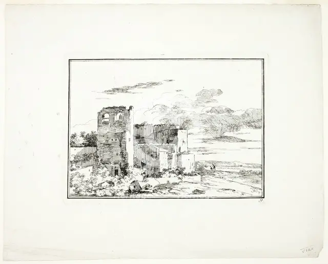 Ruined Buildings near a River Bank, plate 9 from Quatrieme suite de paysages dessinés e..., c. 1779. Creator: Louis Gabriel Moreau.