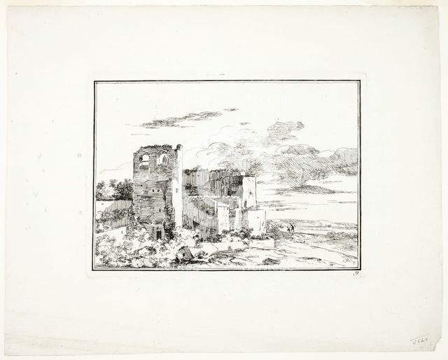 Ruined Buildings near a River Bank, plate 9 from Quatrieme suite de paysages dessinés e..., c. 1779. Creator: Louis Gabriel Moreau.