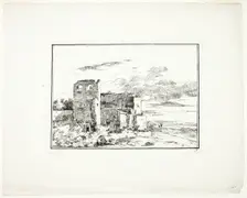 Ruined Buildings near a River Bank, plate 9 from Quatrieme suite de paysages dessinés e..., c. 1779. Creator: Louis Gabriel Moreau