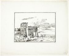 Ruined Buildings near a River Bank, plate 9 from Quatrieme suite de paysages dessinés e..., c. 1779. Creator: Louis Gabriel Moreau