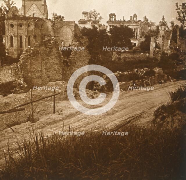 Ruined church and chateau, France, c1914-c1918. Artist: Unknown.